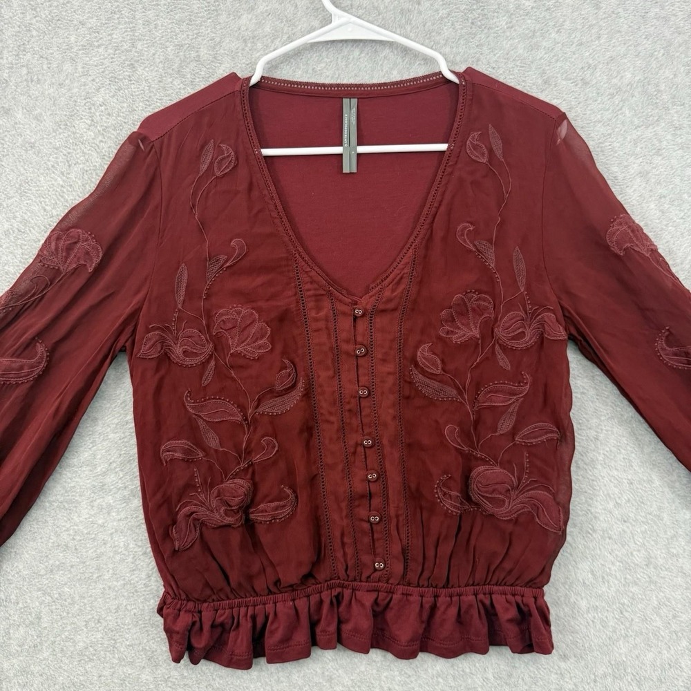 Anthropologie Top Women S Red Maroon Embroidered‎ Button Down Long Sleeve Blouse - Picture 6 of 10